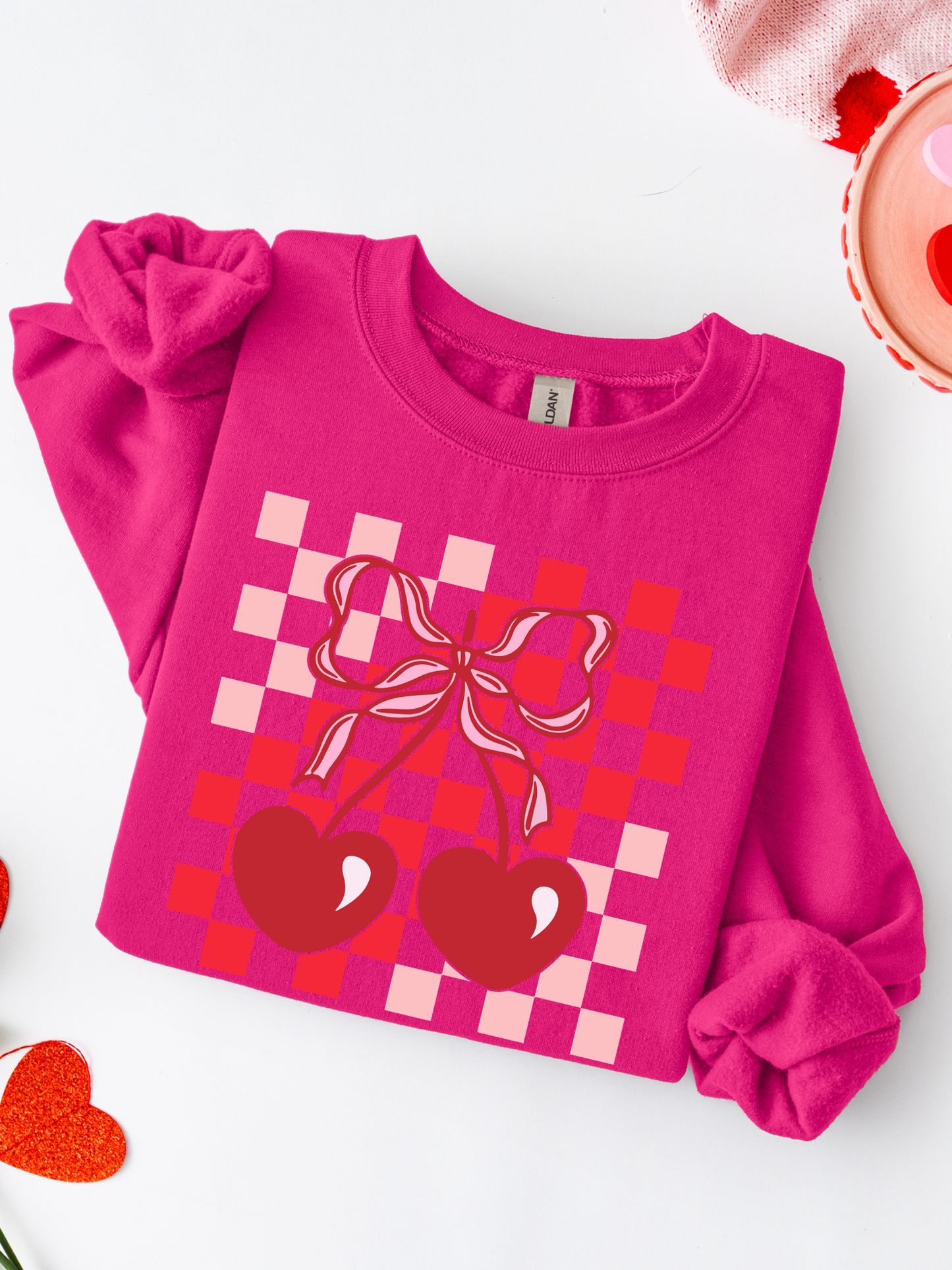 Checkered Cherries Crewneck - Heliconia