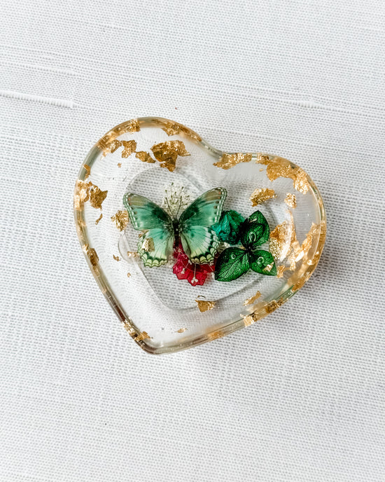 Mini Heart Resin Trinket Dish - Green Butterfly