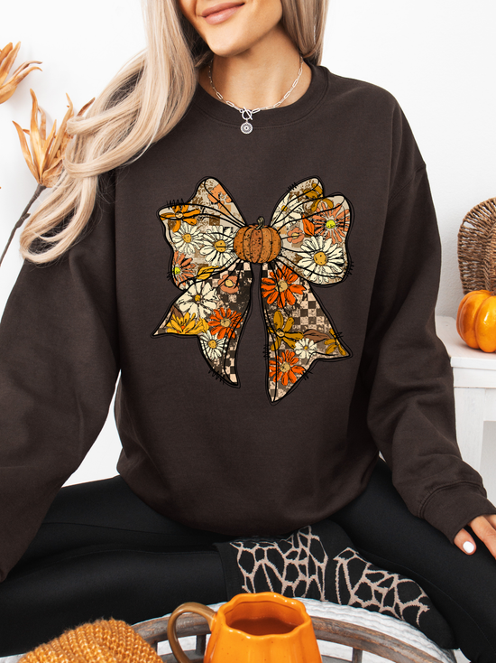 Checkered Pumpkin Bow Crewneck