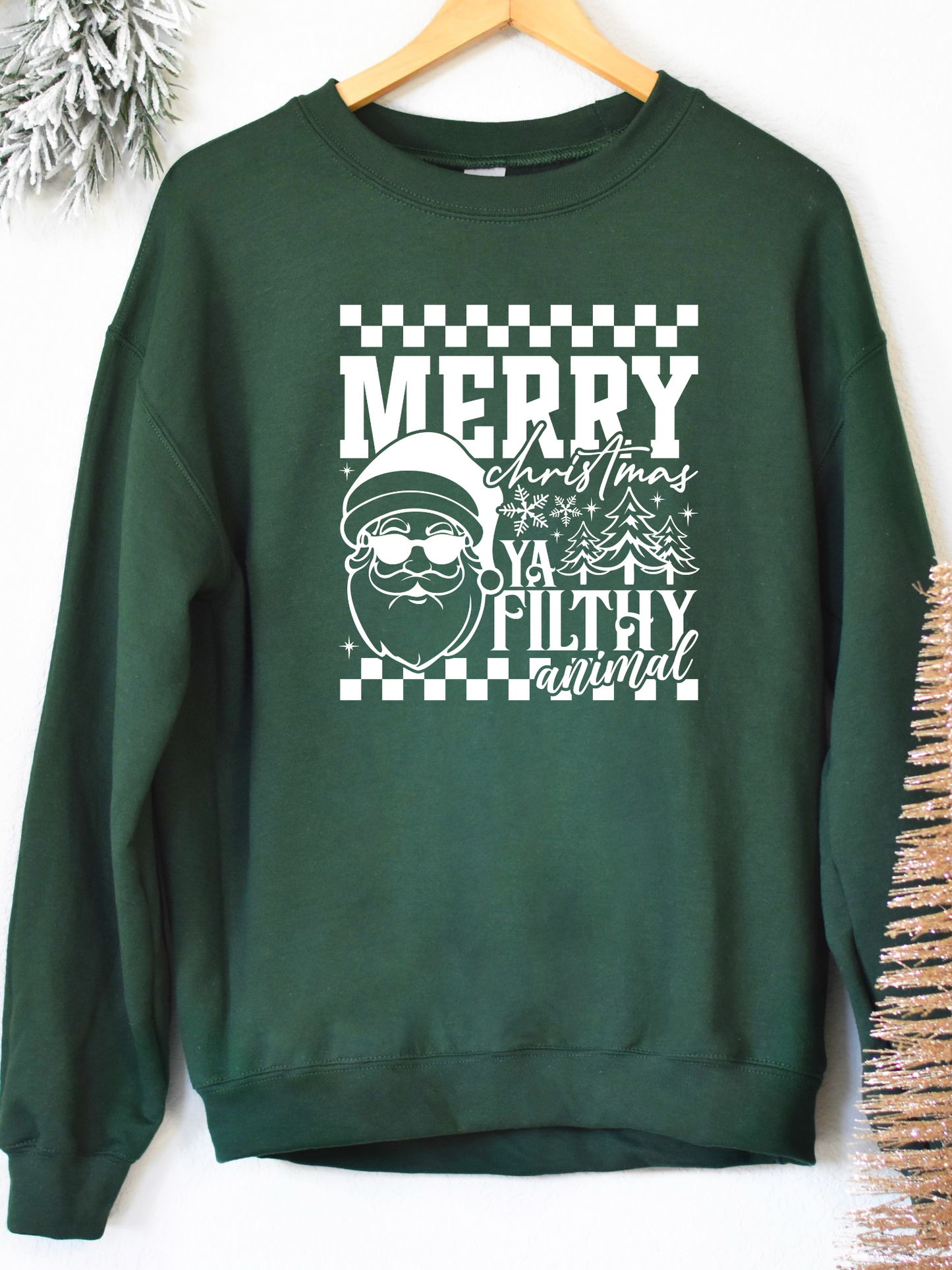 Merry Christmas Ya Filthy Animal Crewneck - Forest Green