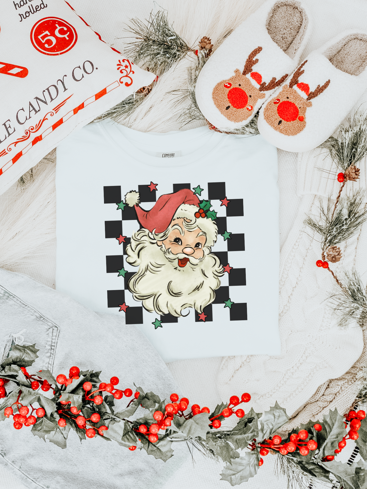 Retro Checkered Santa Graphic Tee - White