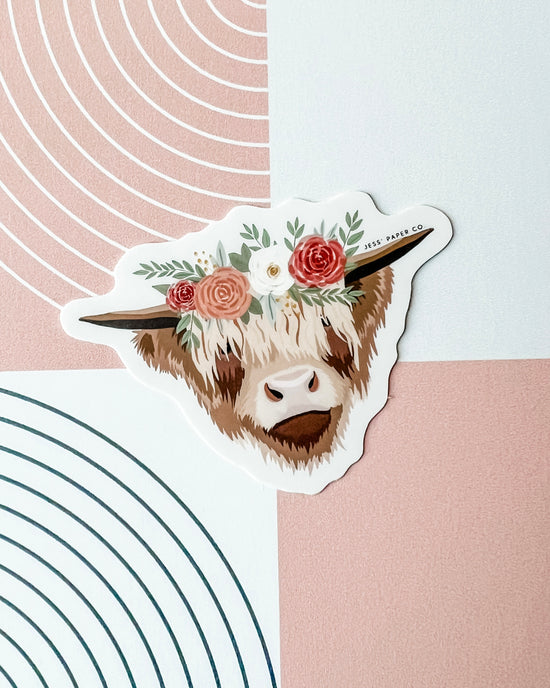 Highland Cow Floral Crown Sticker