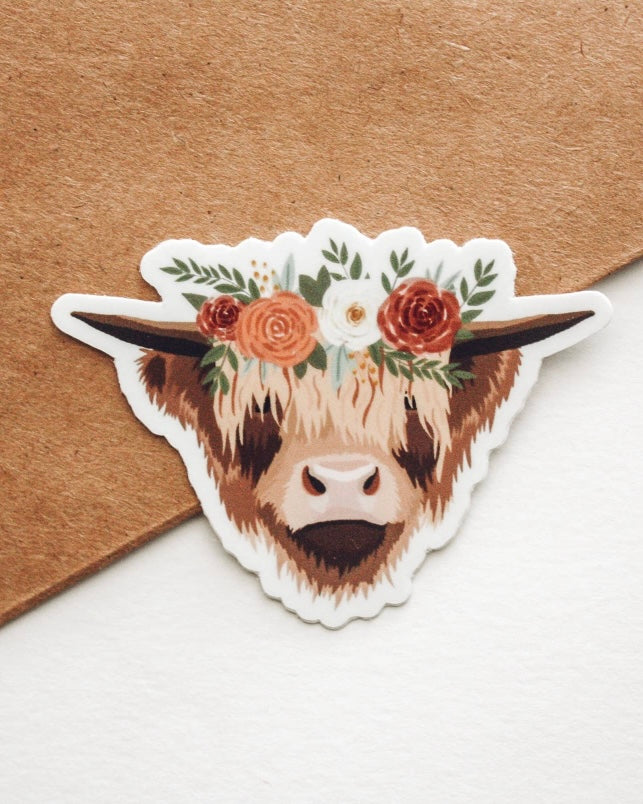 Highland Cow Floral Crown Sticker