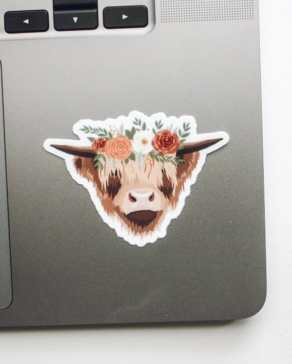 Highland Cow Floral Crown Sticker